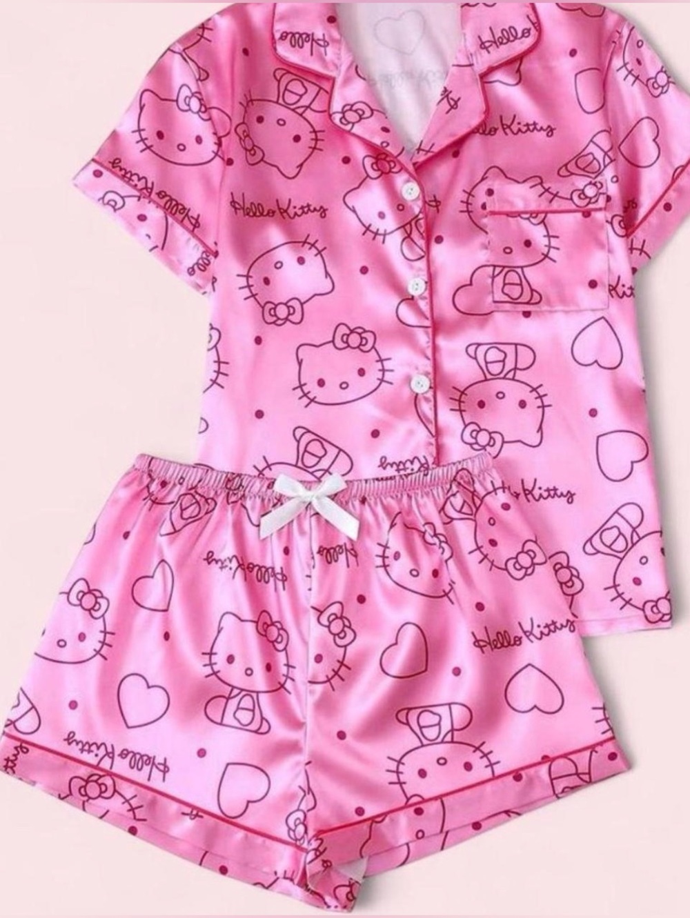 Hello Kitty Pink Satin Short Sleeve Pajama Set